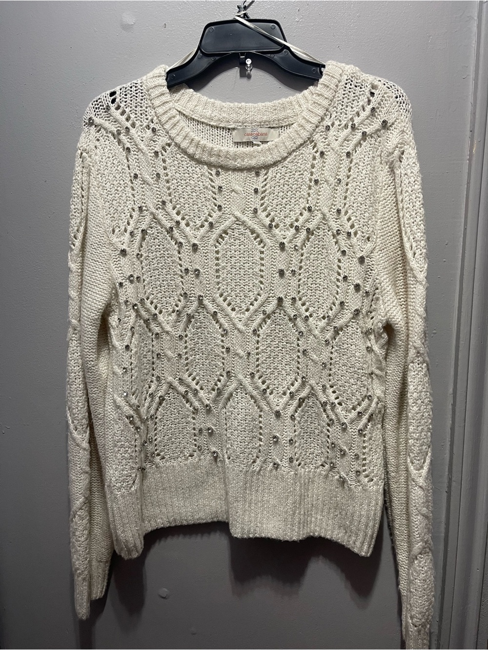 Diamonds Crewneck Openwork Knit Sweater in Cream